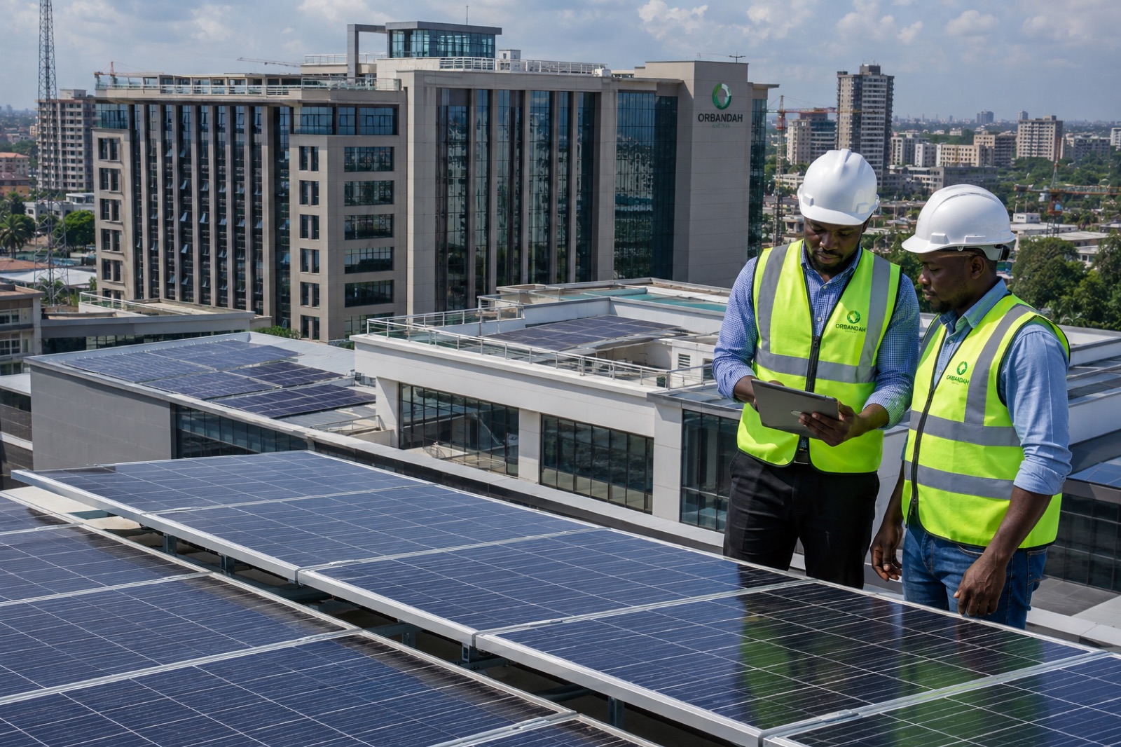 Nigerian engineers inspecting commercial solar installation in Lagos